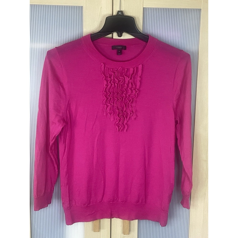J.CREW merino wool ruffle front Tippi sweater fuchsia pink L Top Preppy Career‎